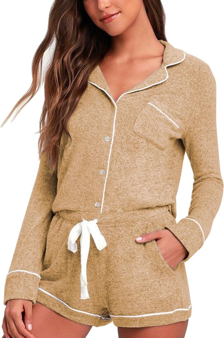 Aamikast Womens Pajama Sets Button Down Long Sleeve Sleepwear Soft 2 Piece Pjs Lounge Set (Beige, XS)
