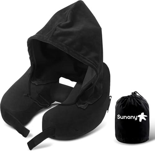 Sunany Neck Pillow for Travel Inflatable Airplane Pillow Comfortably Supports Head,Neck and Chin,Inflatable Travel Pillow with Soft Velour Cover,Portable Drawstring Bag (Black with Hat)