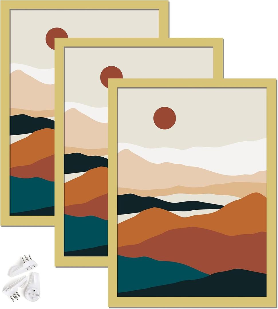 Gold 10x14 Picture Frame Set of 3, High Transparent Frame for 10 By 14 Photo Collage Canvas Poster Size Wall Mount and Tabletop Horizontally Vertically (Gold, 10 x 14 inches)