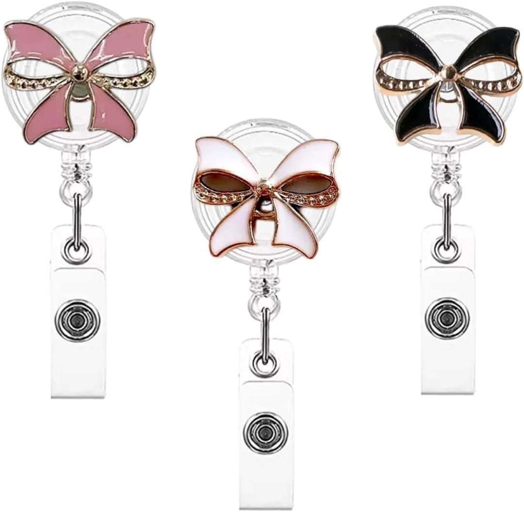 3 Pcs Elegant Crystal Badge Reels Retractable Badge Holder Clip, Cute Pink Bow Tie Nurse Badge Reel Clip Retractable ID Name Tag Card Badge Holder for Nurses Doctor Teacher