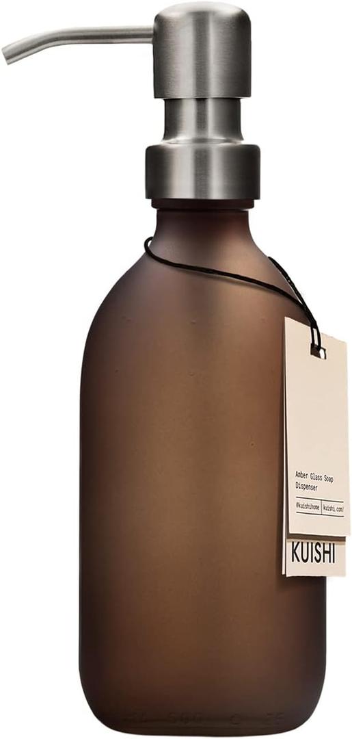 Kuishi Matt Brown Glass Soap Dispenser with Pump [300 ml, Silver], Brown Soap Dispenser with Stainless Steel Pump, Brown Pump Bottle Ideal for Hand Wash, Shampoo, Conditioner, Shower Gel (BPA-Free)
