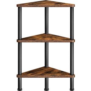 HOOBRO Corner Shelf Stand, Industrial 3-Tier Corner Bookshelf with Metal Frame, Plant Display Shelf, Small Bookcase for Small Spaces, Living Room, Rustic Brown and Black BF30CJ01 (11.8"L x 11.8"W x 25"H)