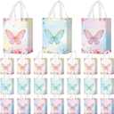 Locmeo 24 Pcs Butterfly Party Favor Bags with Handles Reusable Non Woven Butterfly Goodie Bags Pink Blue and Purple Candy Treat Gift Bag for Girl Boy Birthday Baby Shower Party, 8 x 4 x 10 Inch