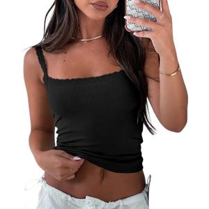 Women's Lace Patchwork Spaghetti Strap Crop Cami Tank Y2K Ribbed Shirts Top (Medium, Black)