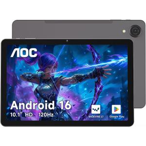 AOC 10.1 inch Android Tablet, Android 16 System, 120Hz Ultra-Smooth Display, 4GB RAM 128GB ROM (1TB Expandable), Octa-Core Processor, Widevine L1 for HD Streaming, Face Unlock, Slim Metal Body, GPS