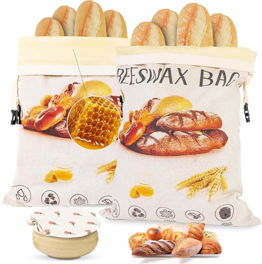 Beeswax Bread Bags (2026 New Upgrade) 2-Pack Reusable Bread Bags for Homemade Bread Sourdough,17"13"100% Linen Moisture-proof Lined XL Beeswax Bread Bag with Buckle&1Bowl Covers,Keeps Fresh Longer (Bread print color)