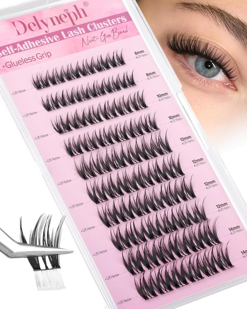 Self Adhesive Eyelashes Wispy Self Adhesive Lash Clusters Natural Clear Band Eyelash Clusters 8-14mm Short Cluster Eyelash Extensions Pre-Glued Cluster Lashes by Delyneph
