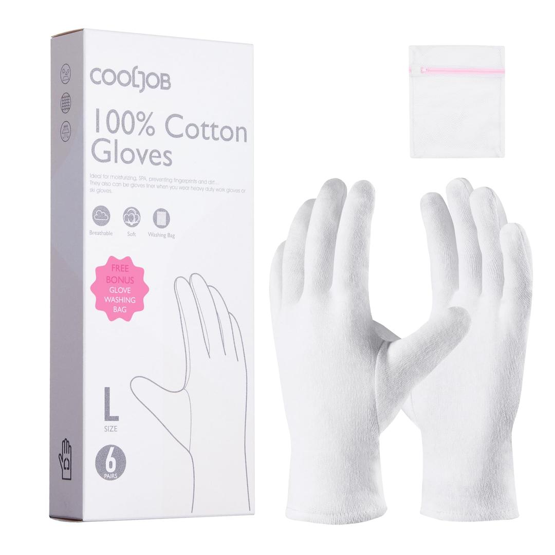 COOLJOB White Cotton Gloves for Women and Men 6 Pairs Eczema Gloves with a Free Wash Bag 100% Cotton Moisturising Protective Gloves for Dry Hands Jewelry Inspection (6 Pairs Size ML)