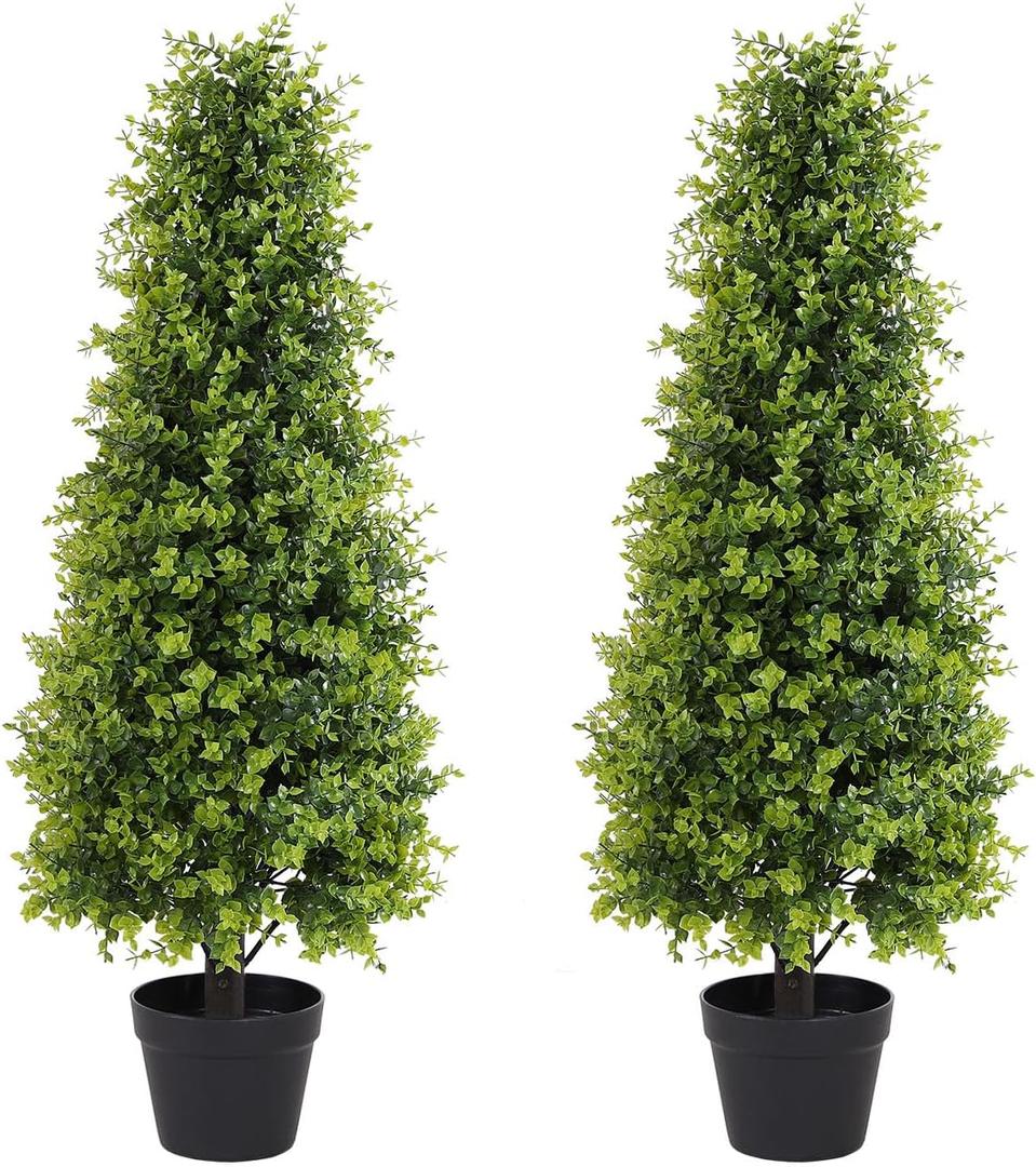 3ft Artificial Boxwood Topiary Trees, Set of 2 UV Resistant Faux Evergreen Shrubs and Bushes for Outdoor Planters, Realistic Fake Plants for Front Porch Outside Patio Yard, 3 Foot Tall