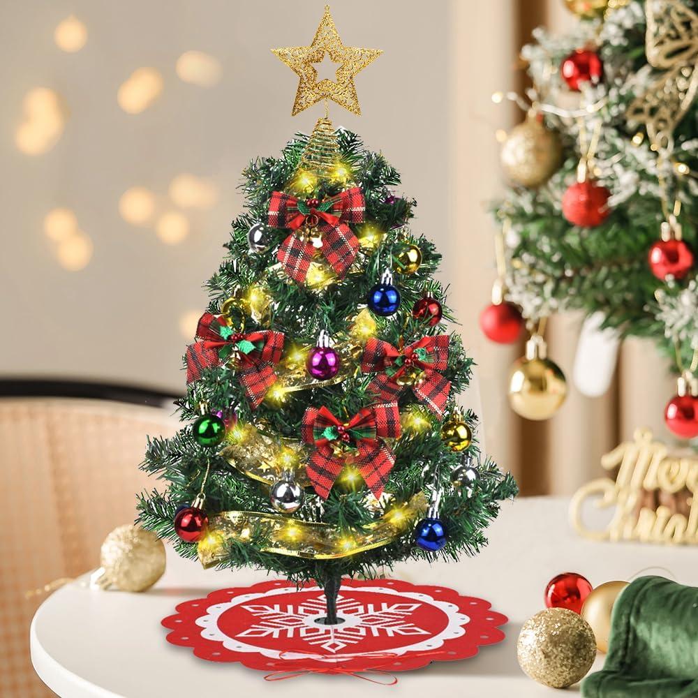 Nialnant 2Ft Tabletop Small Christmas Tree, Artificial Mini Christmas Tree with Lights & Ornaments, Xmas Table Decoration
