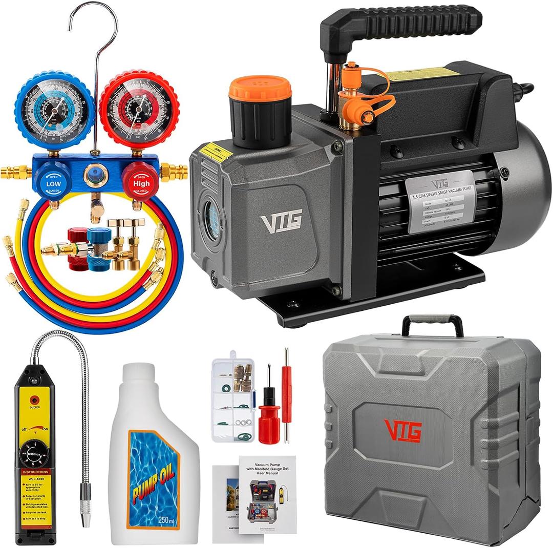 VTG VOGTEN 4.5 CFM AC Vacuum Pump and Gauge Set,for Mini Split/HVAC/Auto Systems,Manifold Gauge Kit Fits R134a R22 R410a R404a,with Leak Detector,Upgraded Trifold Storage Case,3 Hoses,R134a Can Tap