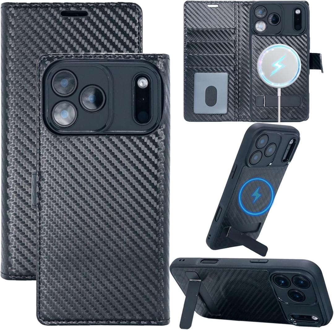 Magnetic Detachable Wallet Case for iPhone 17 Pro Max, Compatible with MagSafe Built-in 3-Ways Kickstand & RFID Blocking Card Slots, Carbon Fiber Leather Flip Case with Stand (Black)