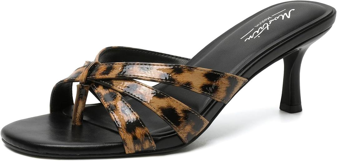 Mostrin Leopard Strappy Kitten Heels for Women Round Open Toe Flip Flops Slip On Mules Heels Fashion Thong Heeled Sandals for Holiday Wedding Daily Size 7