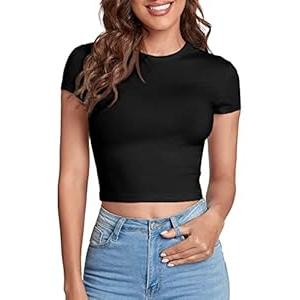 Verdusa Women's Casual Basic Cap Sleeve Slim Fitted Round Neck Crop Tee Top Black L
