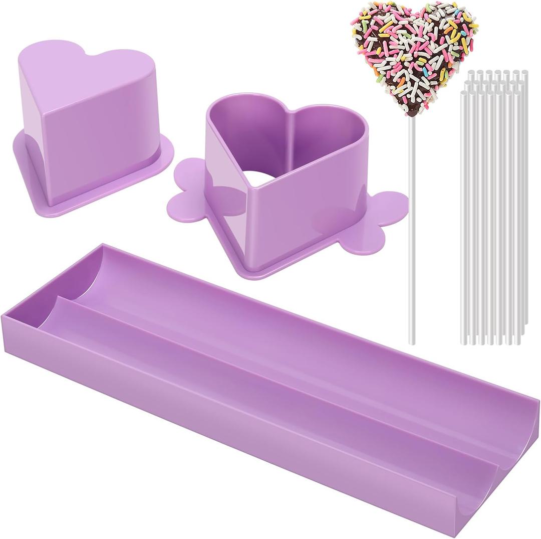 Heart Cake Pop Mold Set with 9 Inch Tray and Sticks, Circle Cake Pop Cutter and Pusher, Baking Molds Kit for Parties, Wedding,Home Desserts Making-Purple