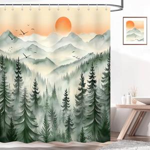 Green Misty Forest Shower Curtain for Bathroom, Nature Woodland Pine Tree Fog Setting Sun Decorative Bath Curtain, Waterproof Fabric Shower Curtain Set with 12Hooks 36X70IN (70X70)