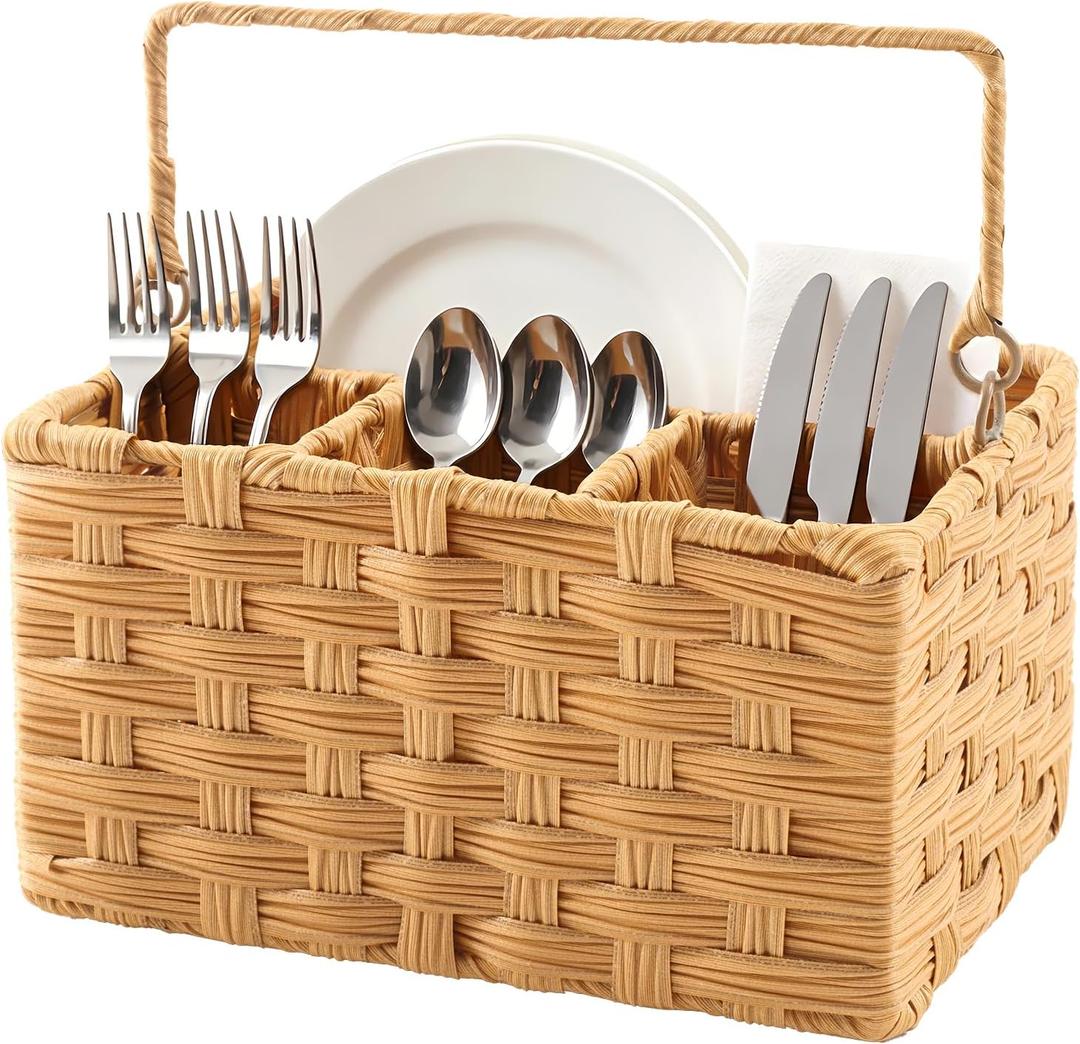 Wicker Utensil Caddy Tabletop Utensil & Silverware Organizer with Handle, Multi-Use Cutlery and Condiment Holder, Kitchen Countertop Basket, Ideal for Parties, Picnics & Buffets