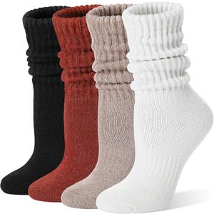 EBMORE Merino Wool Slouch Boot Socks Thermal Warm Winter Thick Scrunch Cozy Crew Socks for Women 4 Pairs (Medium, Black/Caramel/Khaki/White)