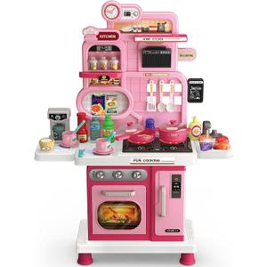 Play Kitchen Set, Kids Kitchen Playset with Realistic Sound & Light, Cooking Stove, Sink, Play Food and Accessories, 57 Pcs Kitchen Toys Gifts for Toddlers 2-4 3-5 Girls (Pink)