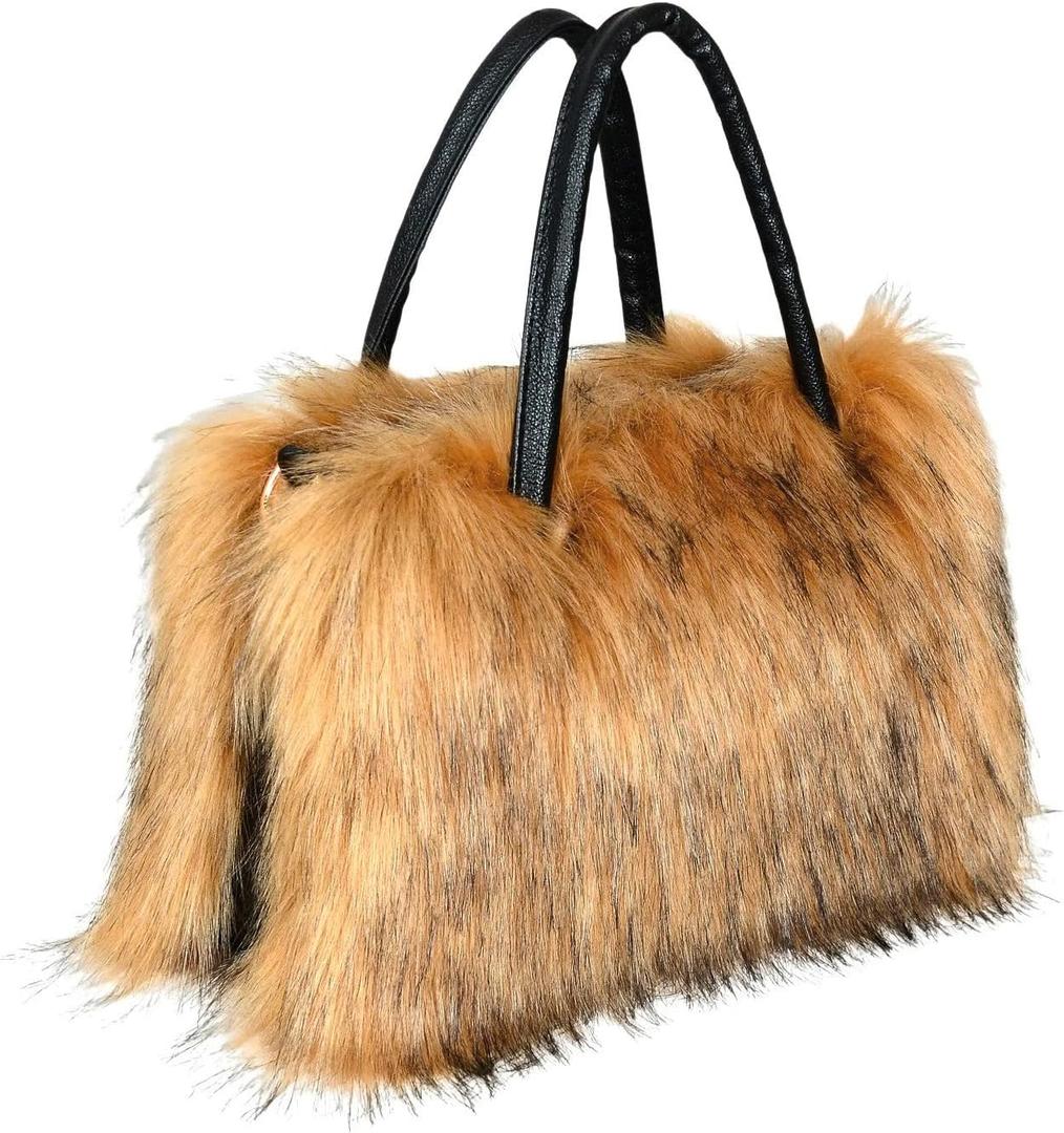 Women's Faux Fur Crossbody Tote Purse, Black Leather Handle Fluffy Fashion Shoulder Handbag (Brown)