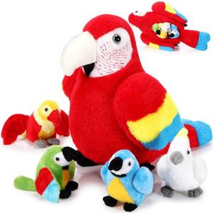 Meooeck 5 Pcs Macaw Parrot Plush Set 13 Inch Mommy Parrot Stuffed Animal with 4 Cute Plush Baby in Her Belly Soft Cuddly Bird for Toddlers Valentines Birthday Hawaii Party(Red Series)