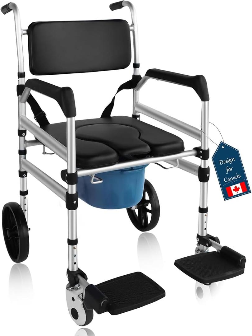 Rolling Shower Chair with Wheels for Elderly and Disabled, Foldable Wheelchair Lightweight Folding, Bedside Commode Chair With Arms For Toilet (Black, L)