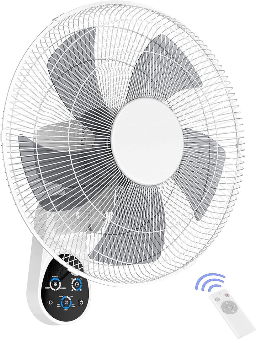 Mirdred Wall Mount Fan, 16 Inch 5 Blades 5 Speeds Wall Fan with Remote Control, 90 Degree 8 Hour Timer Oscillating Fan for Bedroom Home Kitchen Gym Yoga Pilates Studio Glass Sunshine Room (White)