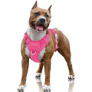 BARKBAY No Pull Dog Harness Large Reflective Dog Harness with Front Clip and Easy Control Handle for Walking Training Running with ID tag Pocket(Pink,L)
