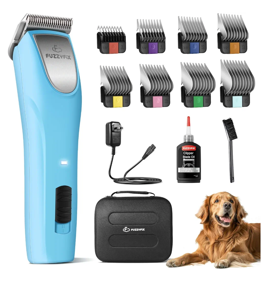 FuzzyFix Professional Dog Clippers for Grooming - 2 Speed Pet Grooming Kit for Thick Curly Matted Coats - Low Noise Heavy Duty Cordless Hair Trimmer with Detachable Metal Blade for Animal/Pet/Horse