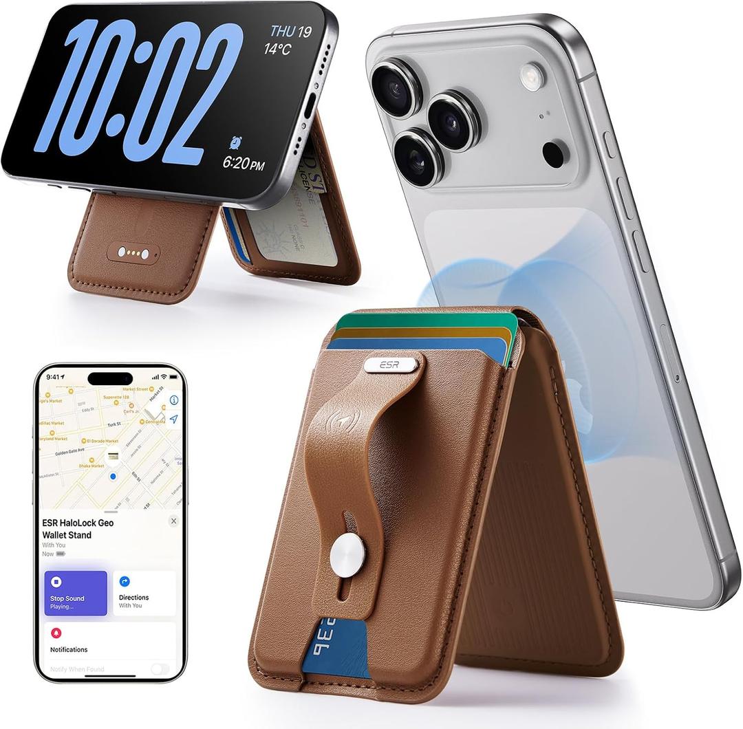 ESR Geo for Magsafe Wallet with Full Find My Functionality,5 Card Holder Stand Grip for Phone Case, RFID Blocking, Magnetic Wallet for iPhone 17e/17/16/15/14/13/12 Series, with Adjustable Stand, Brown