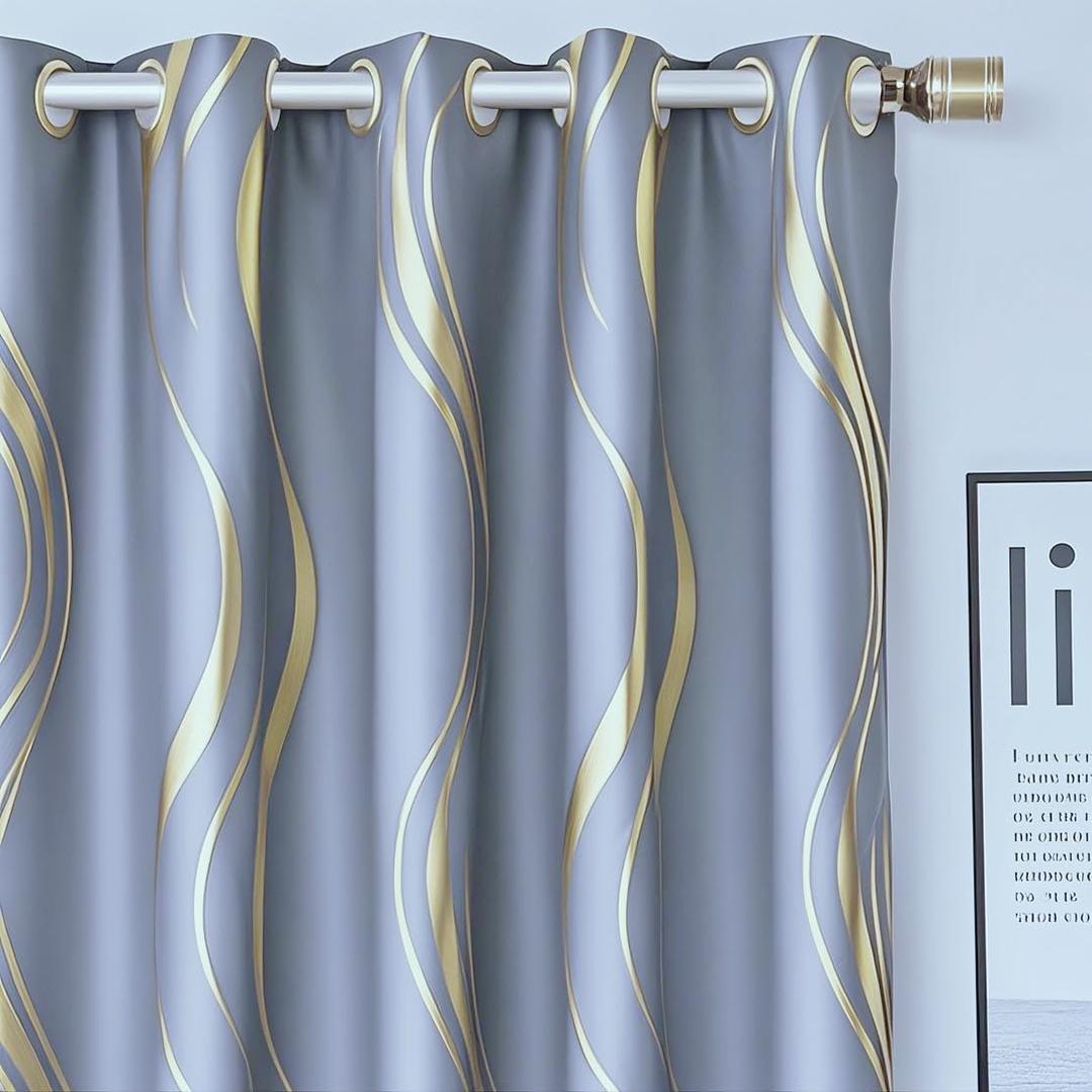 MYRU 1 Pair Grey Blackout Curtains for Bedroom, Luxury Striped Curtains for Living Room(Bluish Grey and Gold, 2 Panels 54 x 102 Inch)