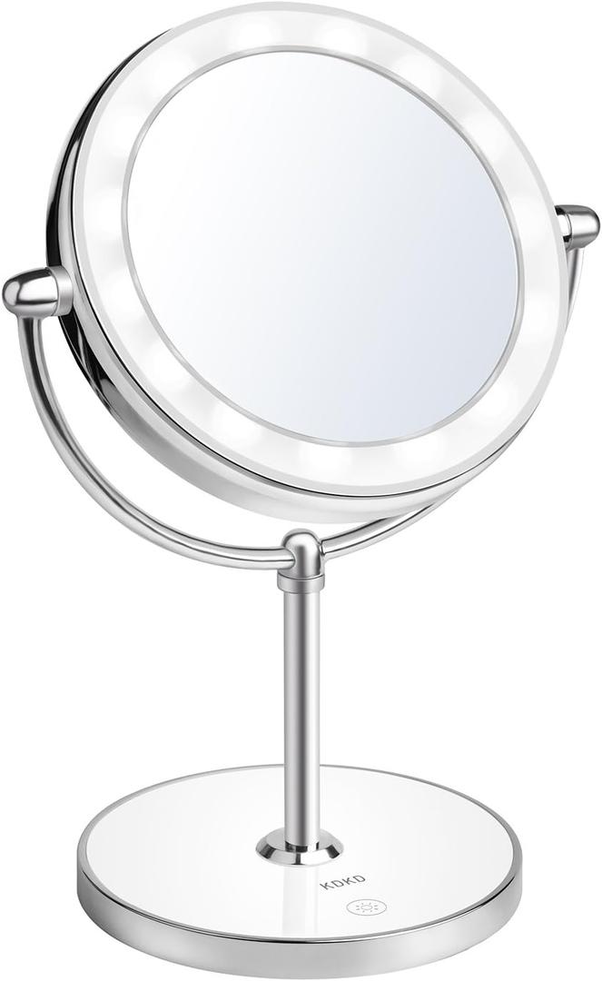 KDKD Lighted Makeup Mirror 1X 7X Magnification Double Sided Round Shape with Base Touch Button, Cordless and Rechargeable (Abs+chrome)