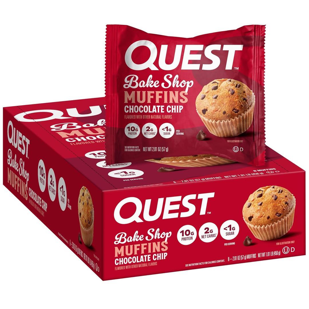 Quest Nutrition Chocolate Chip Muffin, 10g Protein, 2g Net Carb, Less than 1g Sugar, Protein Snack, 8 Count (EXP 09/30/26)