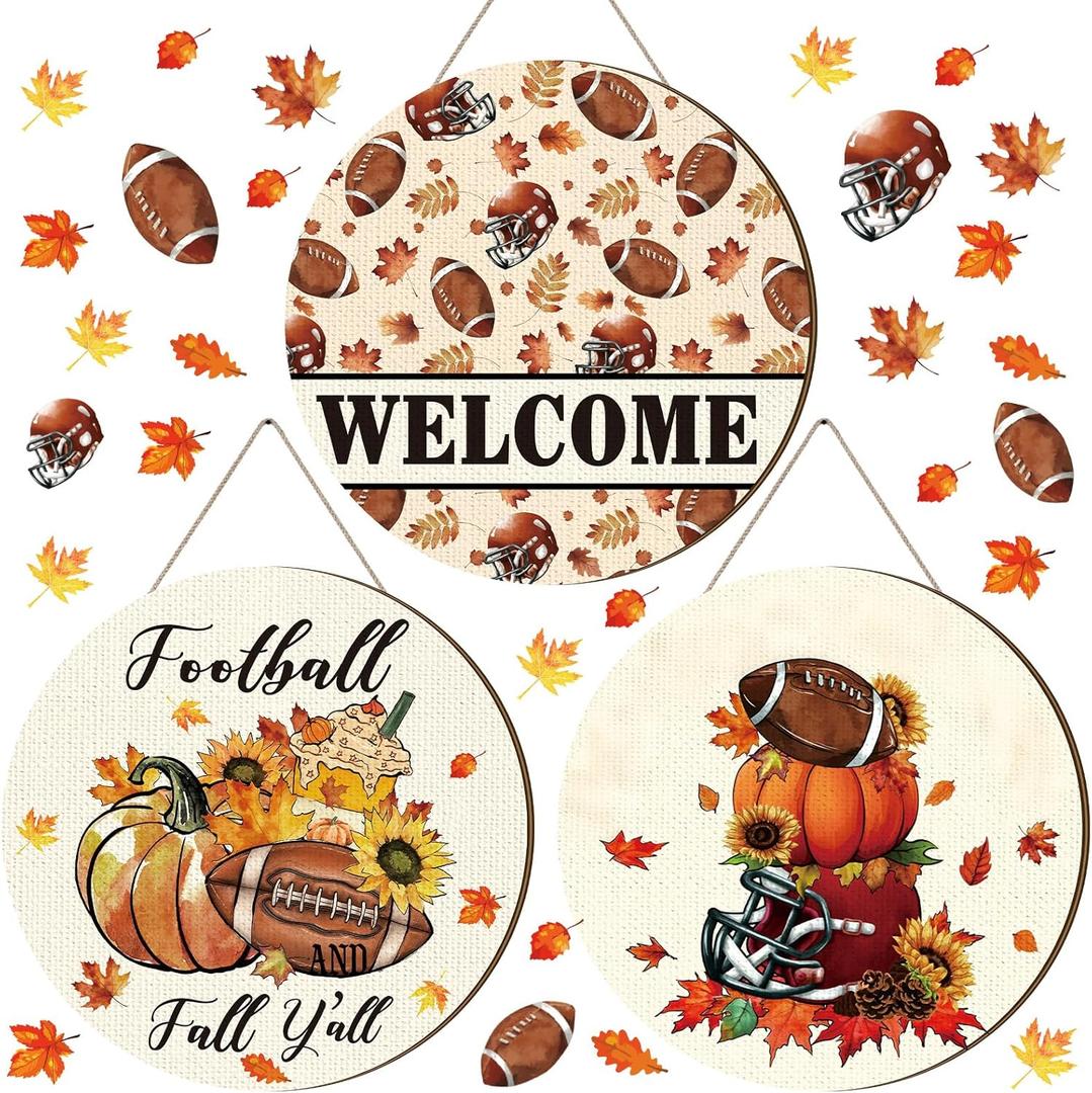 3 Pcs Fall Football Decorations Door Sign Football and Fall Y'all Welcome Wooden Hanging Sign Autumn Wood Wreath with Rope for Front Door Outdoor Autumn Harvest Thanksgiving Party Decor