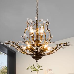 Vintage Crystal Chandelier with Aged Bronze Branch Design, 8-Light Ceiling Hanging Light Fixture for Dining Room Living Room Bedroom Hallway, Chain Adjustable