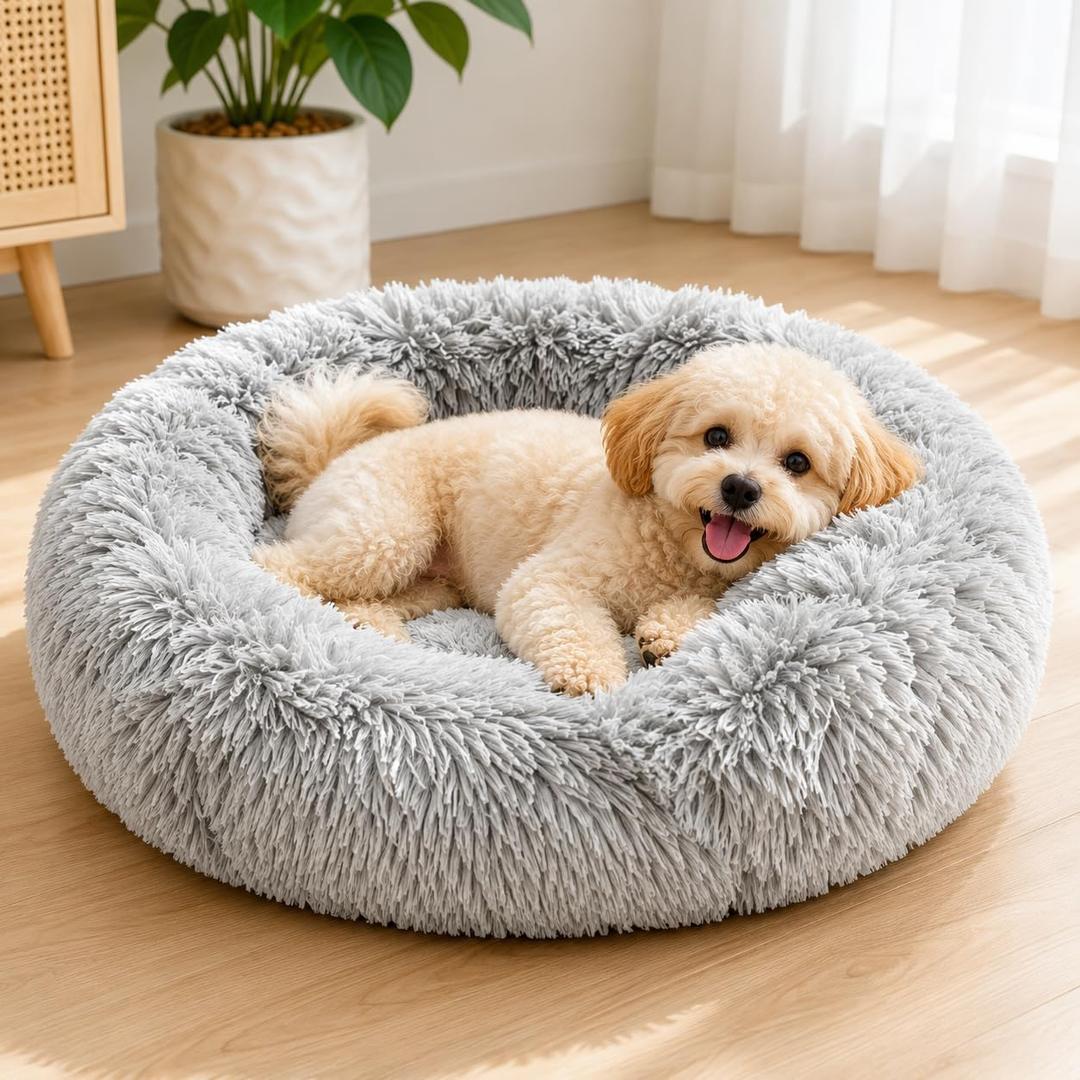 Cat Beds for Indoor Cats, Round Fluffy Cute Small Cat Bed, Washable Anti-Slip Donut Pet Bed, Round Dog Bed for Small Pets (Light Gray),