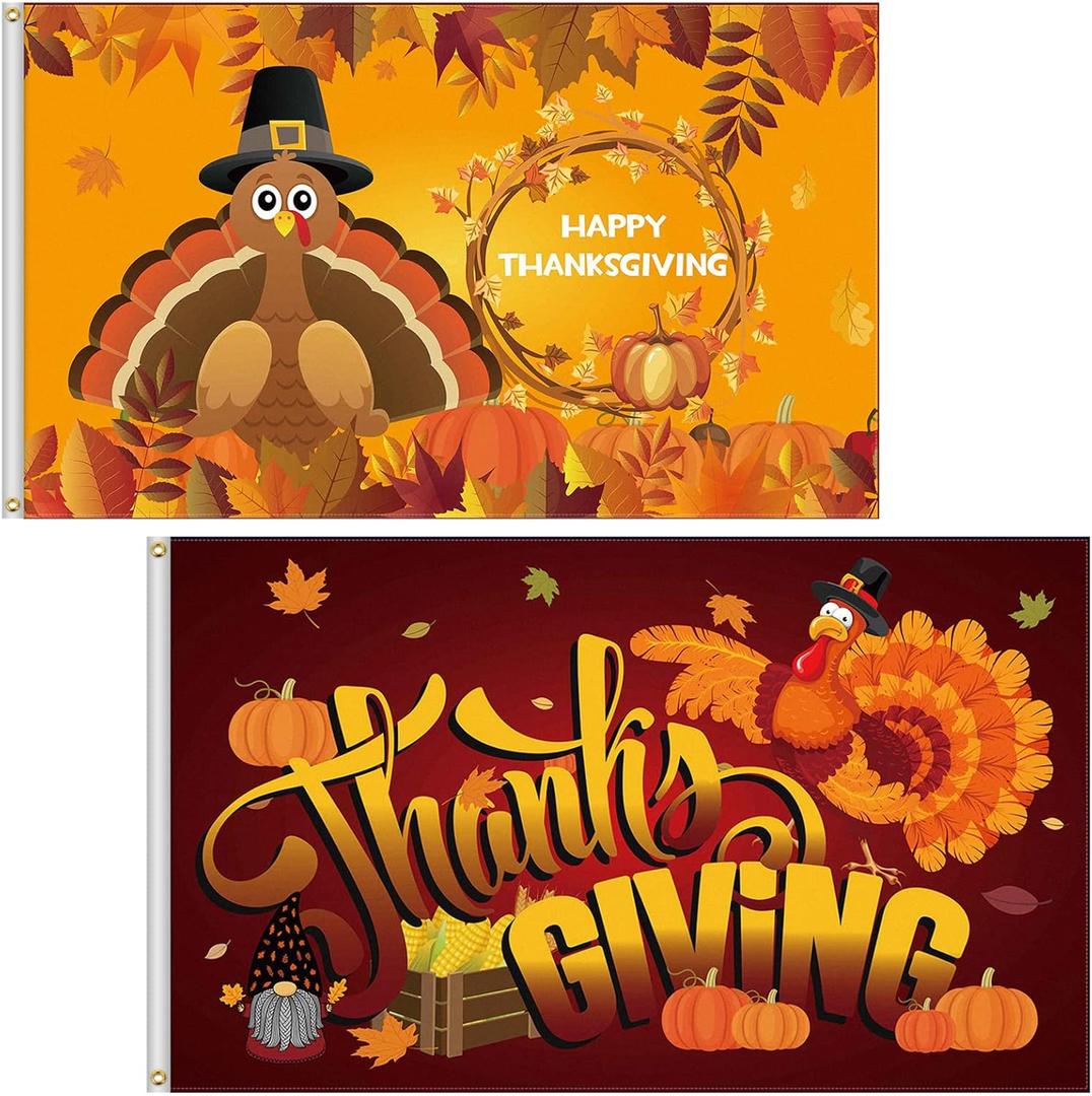 2 Pieces 3 x 5 Feet Halloween Flag Double Sided Pumpkin Witch and Thanksgiving Turkey Autumn Flag Happy Halloween Thanksgiving Banner for Home Outdoor Indoor Party Decoration(Turkey Style)