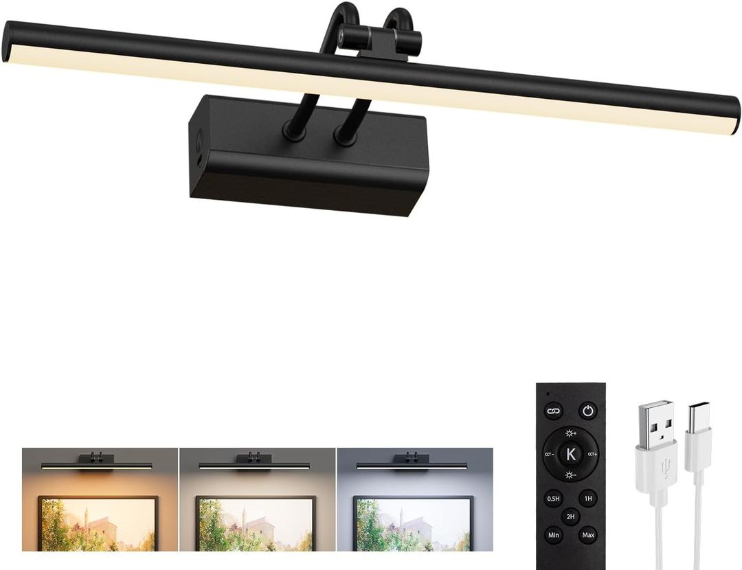 Percantis Battery Operated Picture Light for Wall, Wall Light for Living Room, 4000 mAh, 13.8'' Dimmable Art Painting Light, Remote Control, Black, Display for Gallery, Living Room, Bedroom(Black)