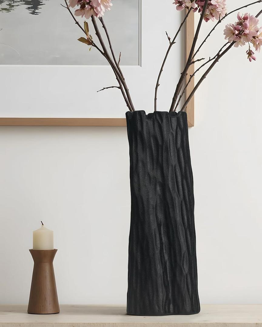 10.7 Inch Matte Black Flower Vase, Organic Nature Shape, OOSTONEE Nordic Modern Style Ceramic Vase, Shelf, Home, Living Room, Coffee Table Centerpiece, Black Vases Home Decor (Large)