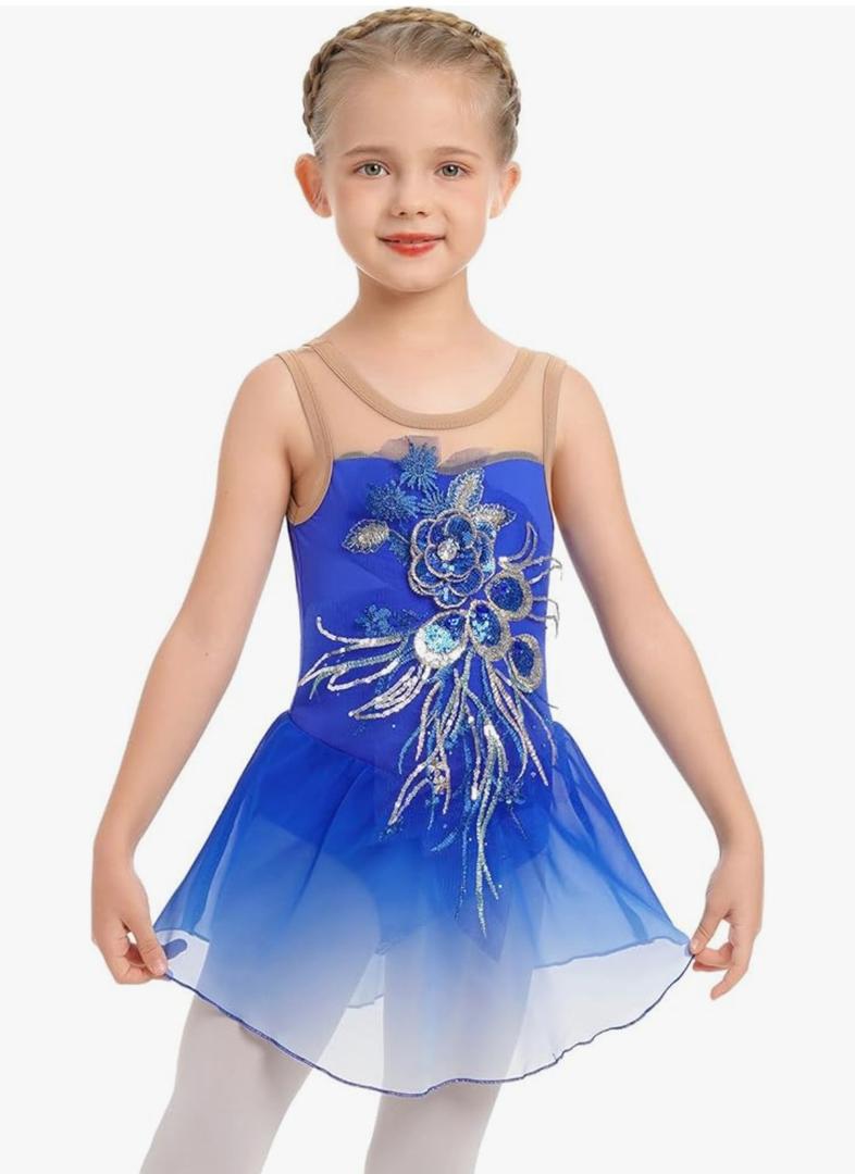 ODASDO Girl Ice Figure Skating Dress Ballett Dance Leotards Gymnastics Sequin Flower Gradient Chiffon Skirt for Competition M