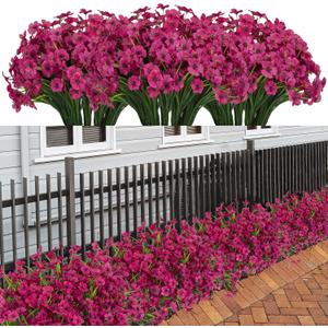 LikSoor 21 Bundles Artificial Outdoor UV Resistant Flowers No Fade Fake Outside Flowers Plastic Greenery Faux Shrubs Garden Porch Window Box Home Decoration(Rose Red)