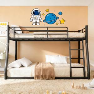 Twin Over Full Bunk Bed with Ladder, Low Profile Metal Bunk Bed Frame with Safety Rail & Steel Slats, Noise Free Space Saving Design for Kids, Teens and Dorm Room, No Box Spring Needed, Black
