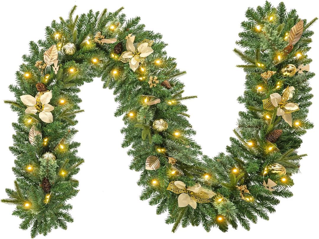 9FT Pre-Decorated Christmas Garland with Lights, Battery Operated Outdoor Christmas Garland for Mantel, 180 Multi Tips & Pine Needles, Time Functional Christmas Decorations for Table (Gold)
