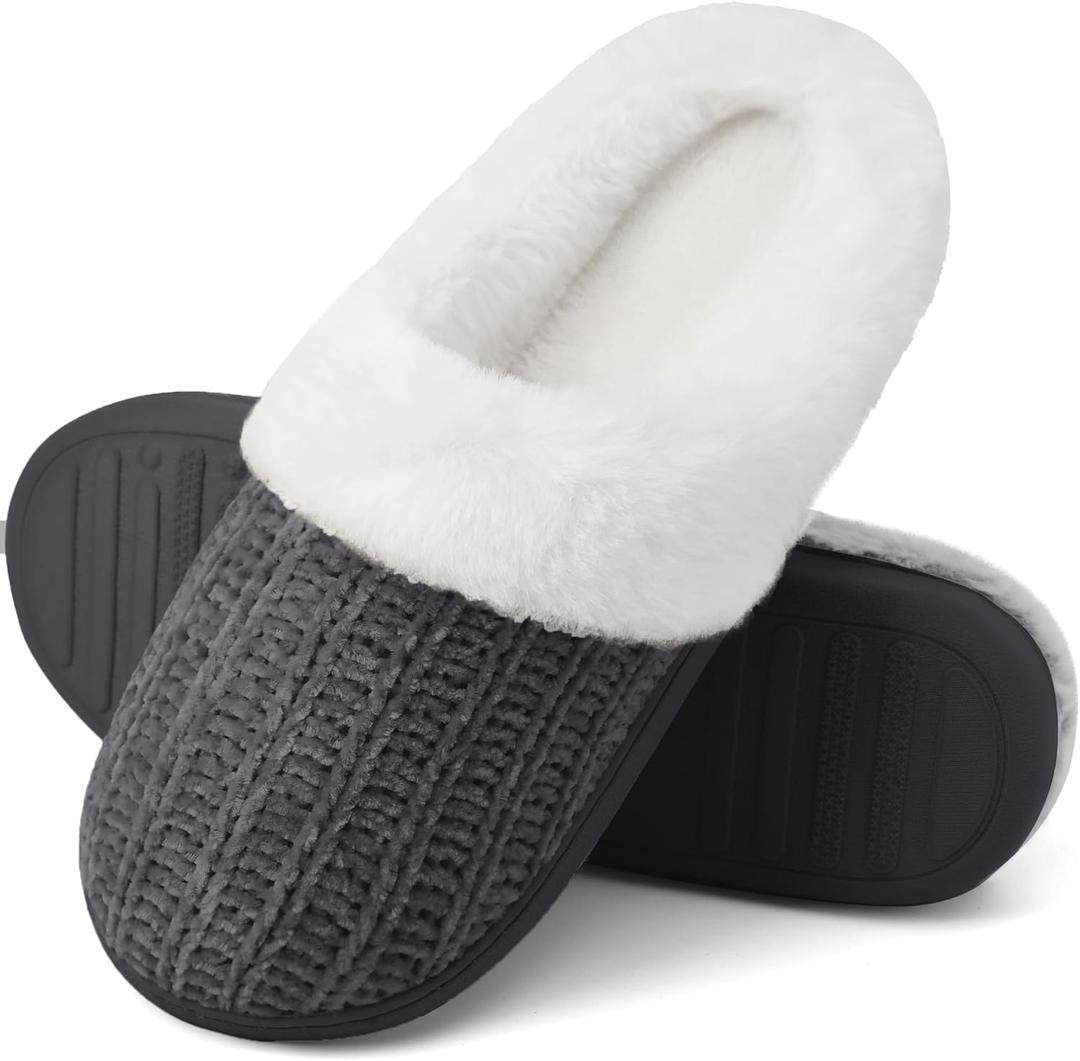 shoeslocker Women's Memory Foam Fuzzy Slippers Knit house shoe for Women Comfy Wool-Like Lined Slippers Indoor Outdoor (Purple)