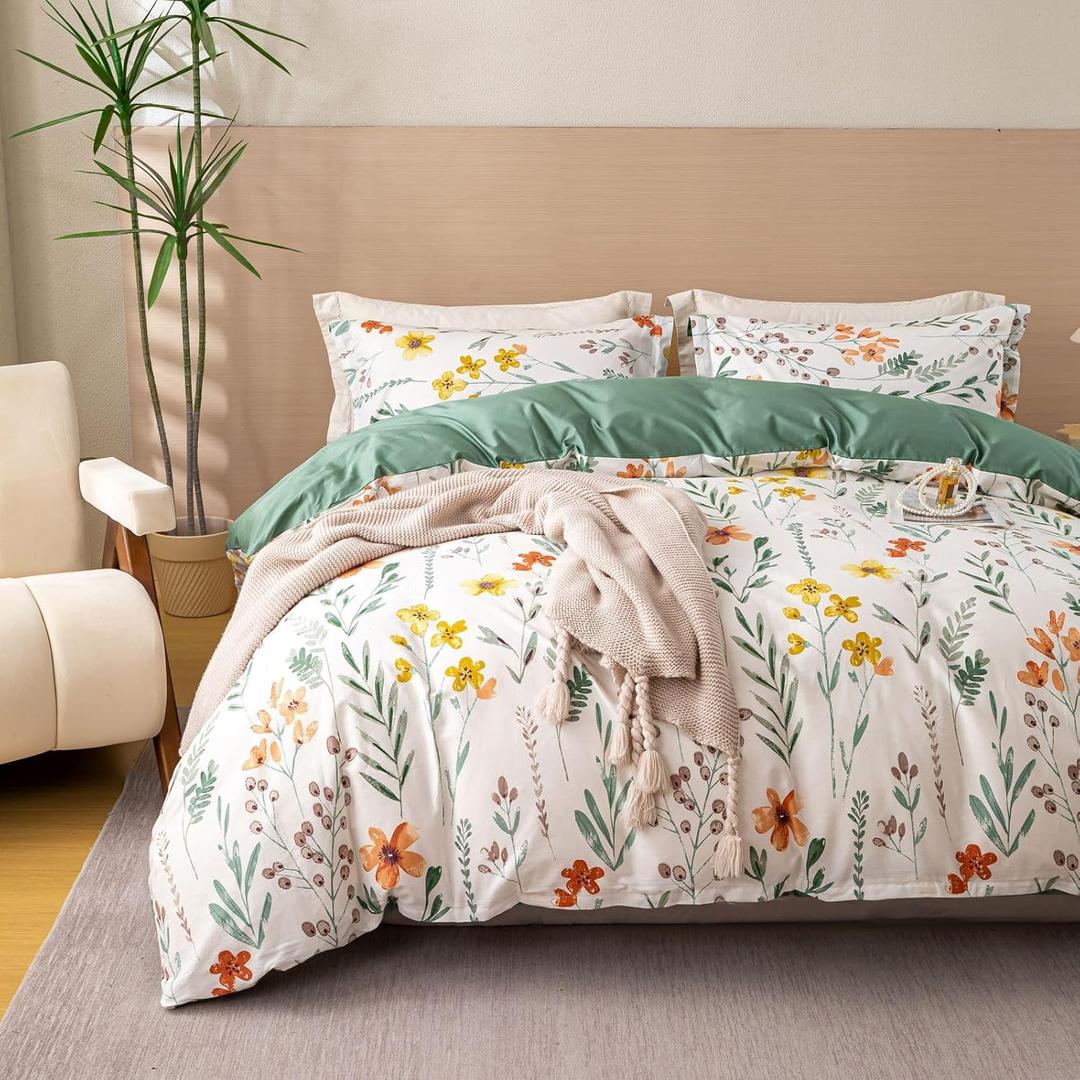 OAITE Duvet Cover Set Queen Size Floral Pattern Ultra Soft 100% Cotton Duvet Cover Sets 3-PC, Breathable Duvet Cover with Zipper Closure & Corner Ties(2 Pillow Shams,1 Duvet Cover)