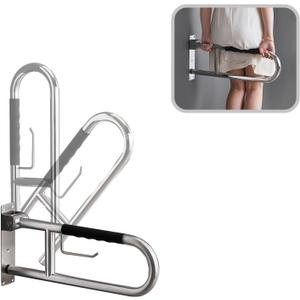 Toilet Grab Bar 23.6 Inch, BVTOURA Flip-Up Safety Rail with Soft Silicone Anti-Slip Finger-Grip Handle and Paper Holder, Stainless Steel U-Shaped Support Bar for Elderly Disabled, Brushed Nickel