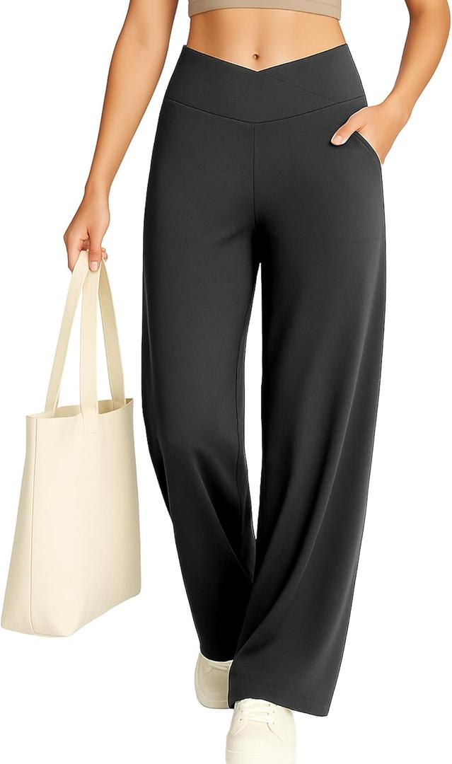 Yogaration Wide Leg Yoga Pants for Women, Crossover High Waisted Lounge Pants with Pockets, Loose Straight Leg Casual Pants, Size: X-Large Petite