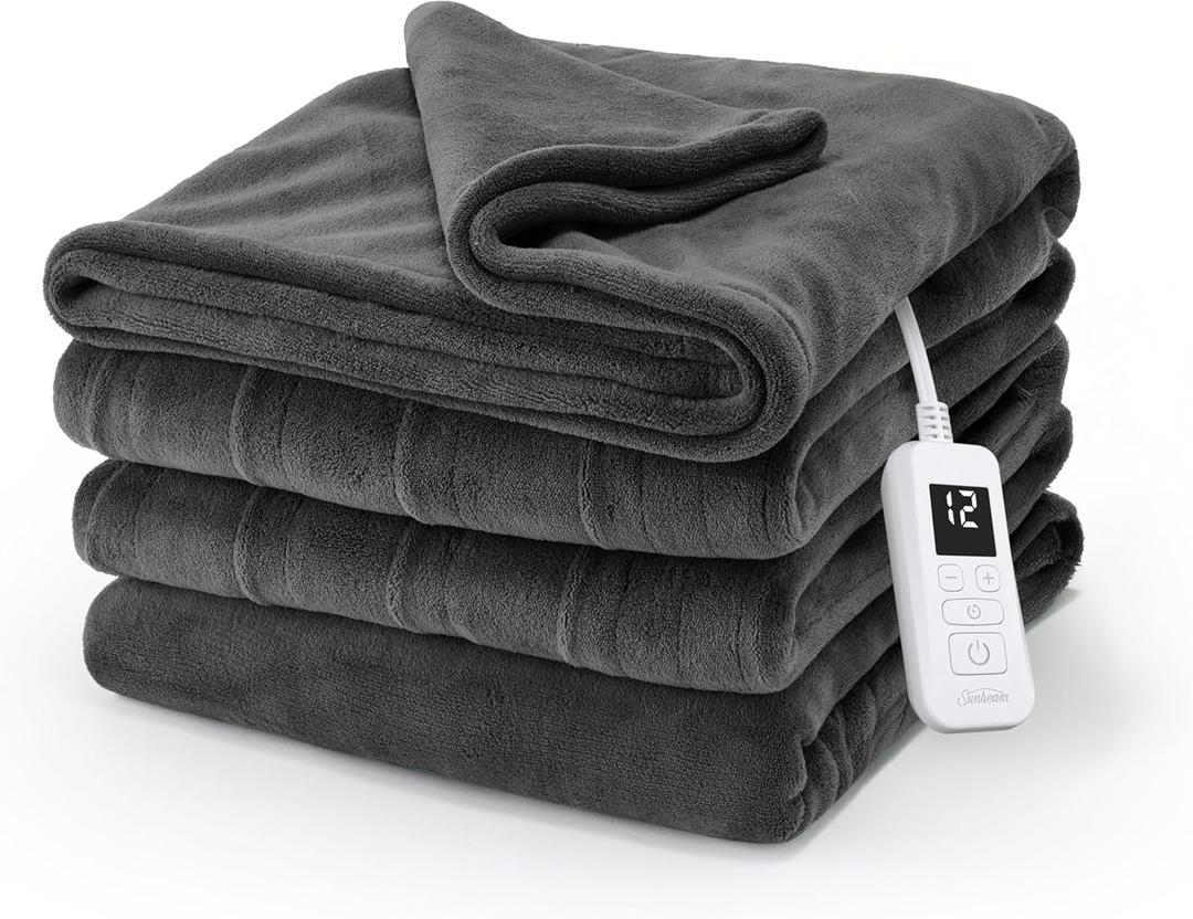 Sunbeam Electric Royal Luxe Microplush Heated Blanket, 12 Heat Settings, 12-Hour Selectable Auto Shut-Off, Fast Heating, Warm and Cozy, Night Fog Color, Twin, 84" x 62" Sunbeam Electric Royal Luxe Microplush Heated Blanket, 12 Heat Settings, 12-Hour Selectable Auto Shut-Off, Fast Heating, Warm and Cozy, Night Fog Color, Twin, 84" x 62"