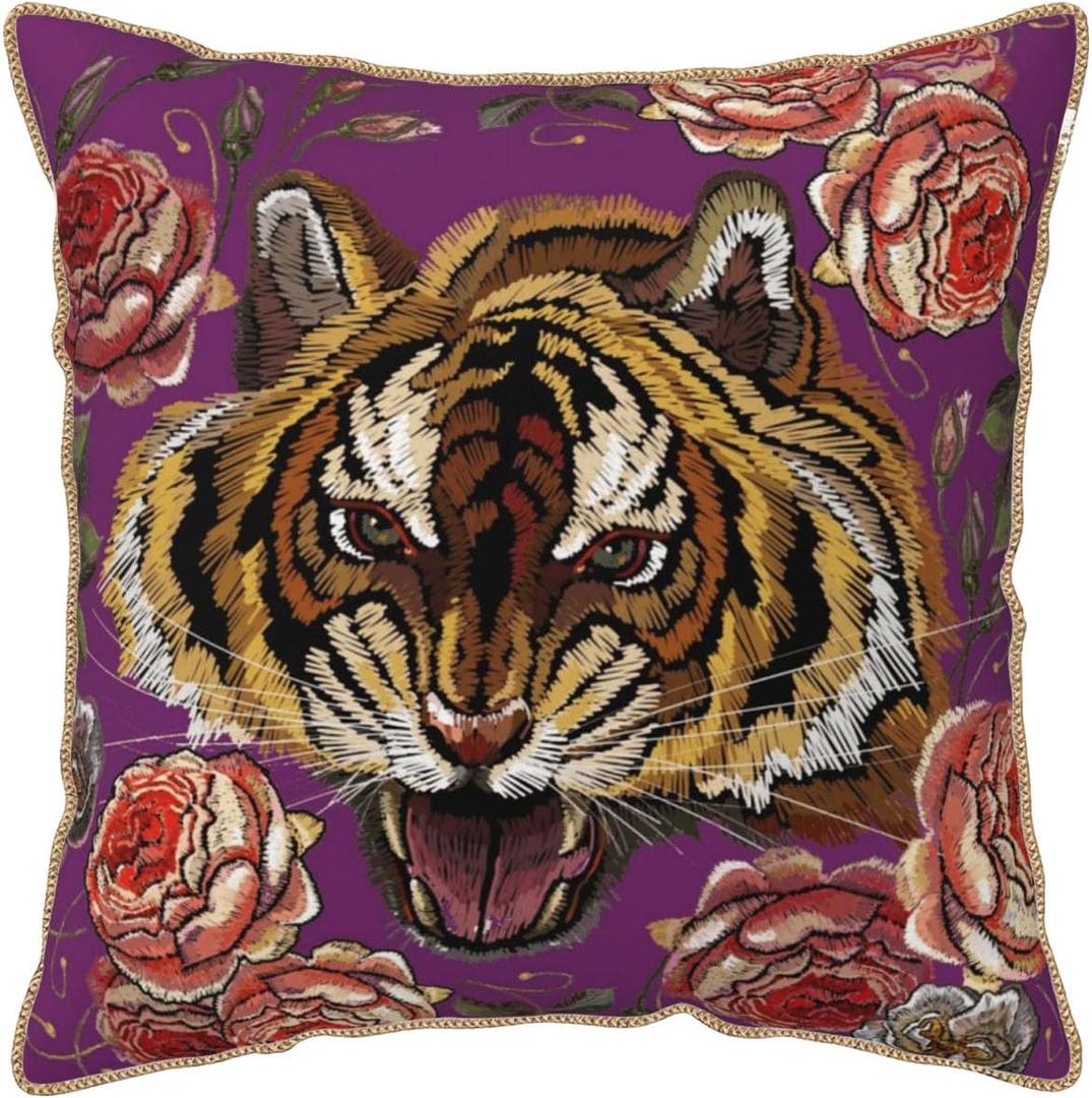Tiger Flower Purple Velvet Pillow Covers 18x18 Inch Pink Floral Animal Throw Pillows for Couch Cushion Covers Pillowcase Farmhouse Modern Pillow Cases for Sofa Bed Living Room Bedroom