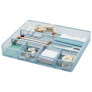Annova Desk Top Organizer/ Storage Tray - Metal Mesh with Dividers for Pens, Desktop Accessories, Bathroom, Kitchen, Makeup and Office Supplies (Large, Morandi Blue)